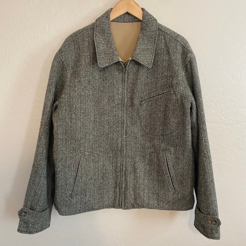 Polo Ralph Lauren Mens Zip-Up Jacket Sz XL Herringbone Tweed Wool Reversible